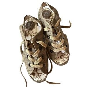 FLY LONDON YIFA PERF WOMENS LEATHER LACEY SANDAL SLINGBACK WEDGE TAUPE 38/7.5-8